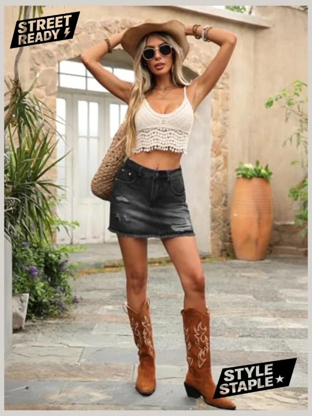 Ripped Denim Mini Skort with Pockets, A-Line Fit, Built-in Shorts - Picture 5 of 7